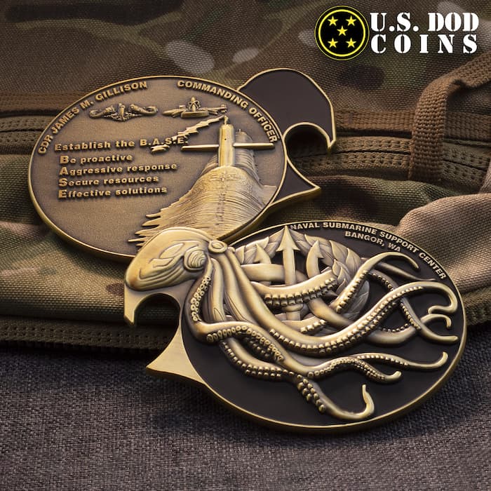 Naval Submarine Support Center challenge coin bottle openers