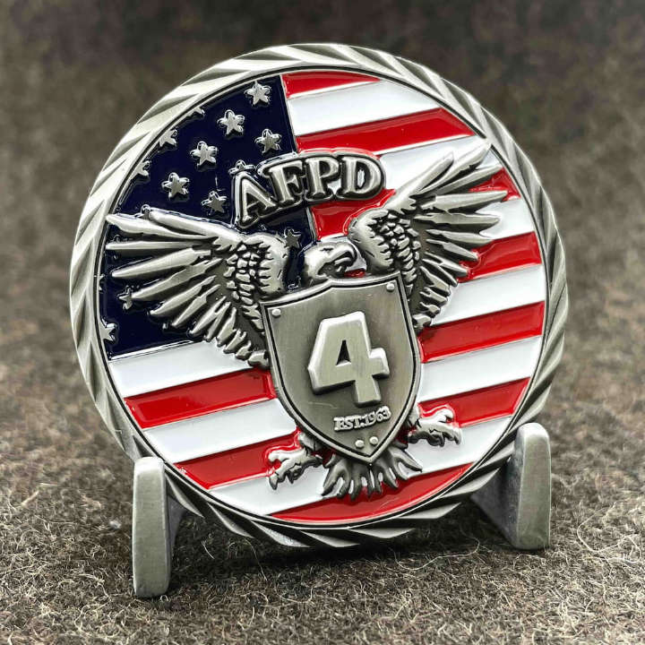 AFPD custom challenge coin with soft enamel paint and beveled edge