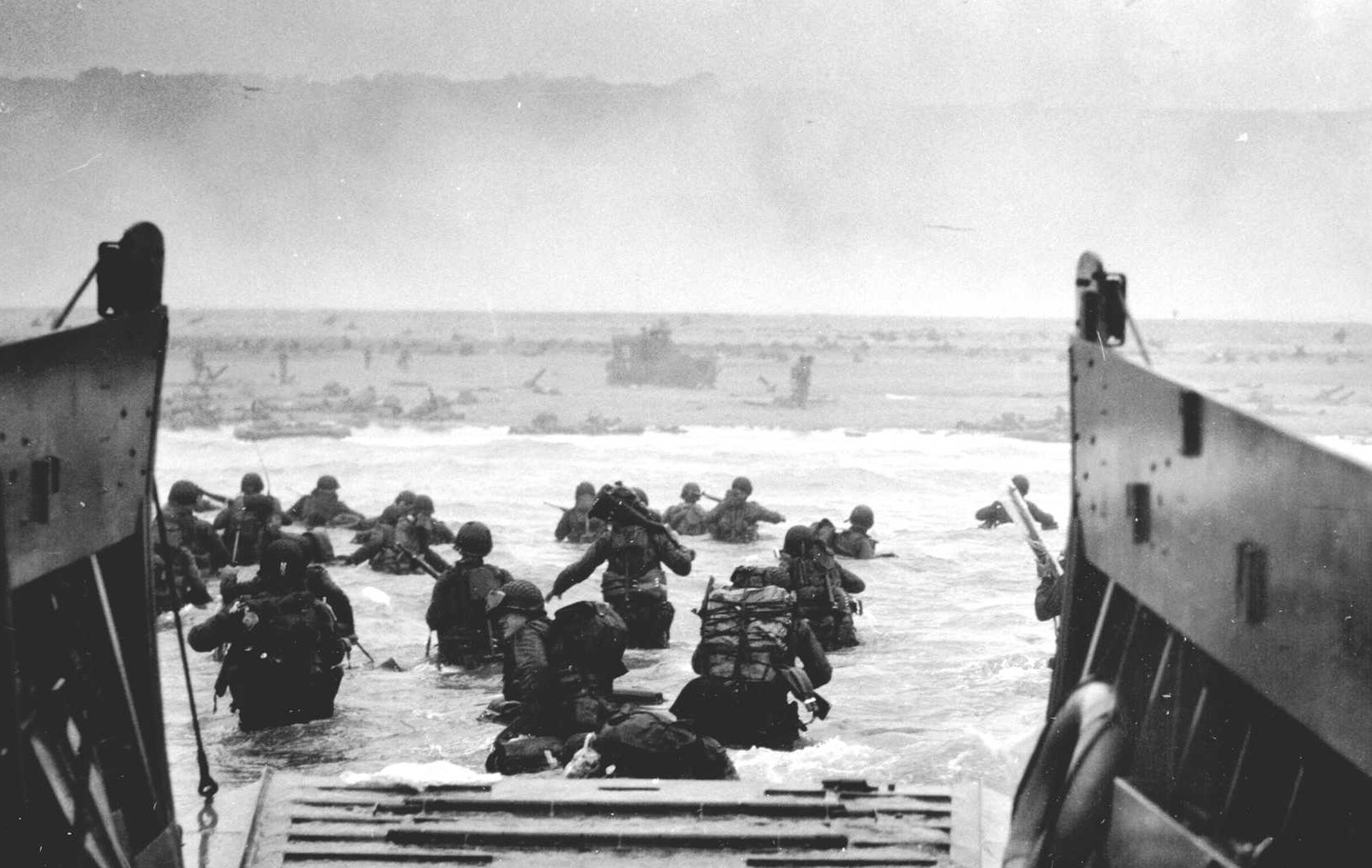 soldiers exit amphibious landing at d-day 