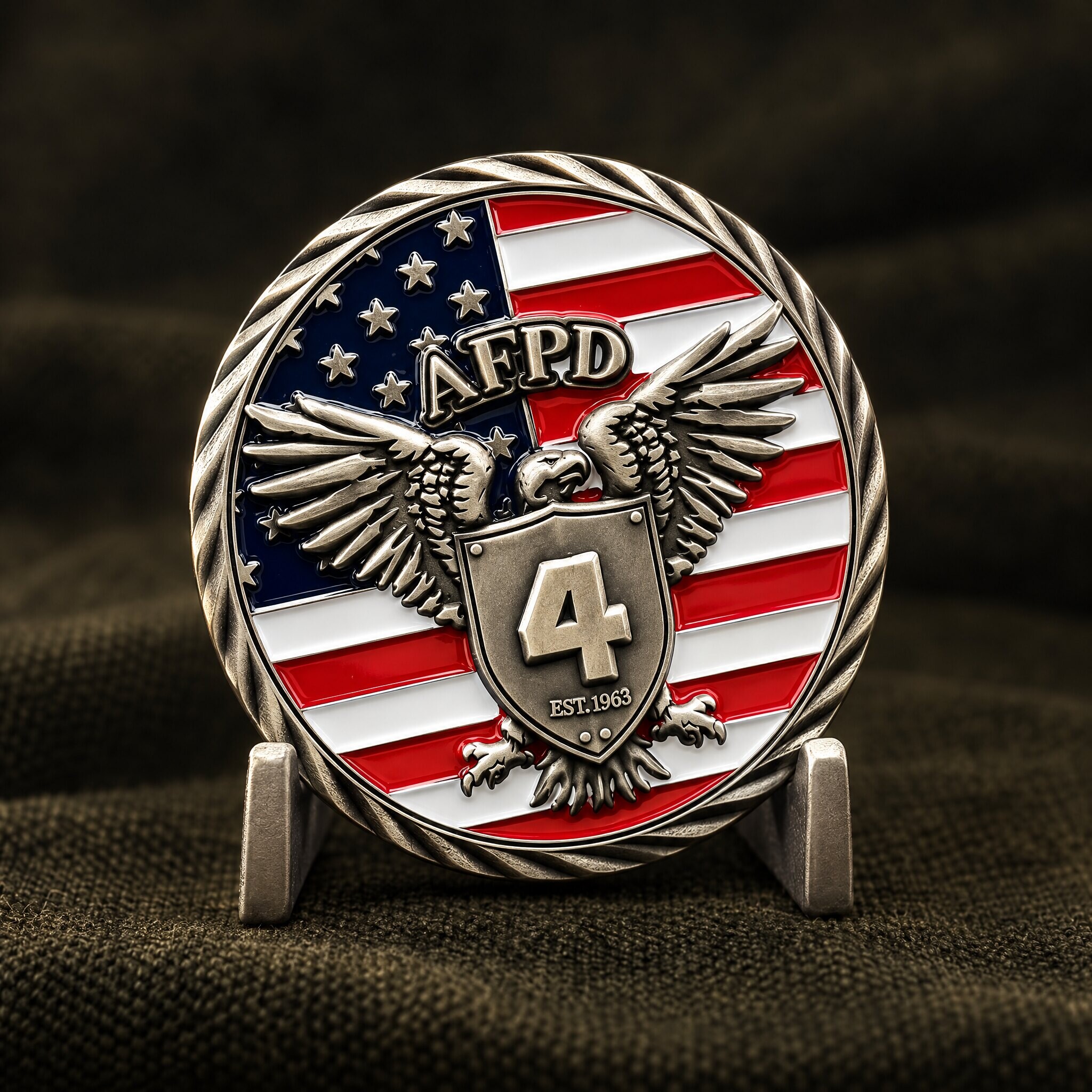 Eagle and shield challenge coin with an American flag, on a stand