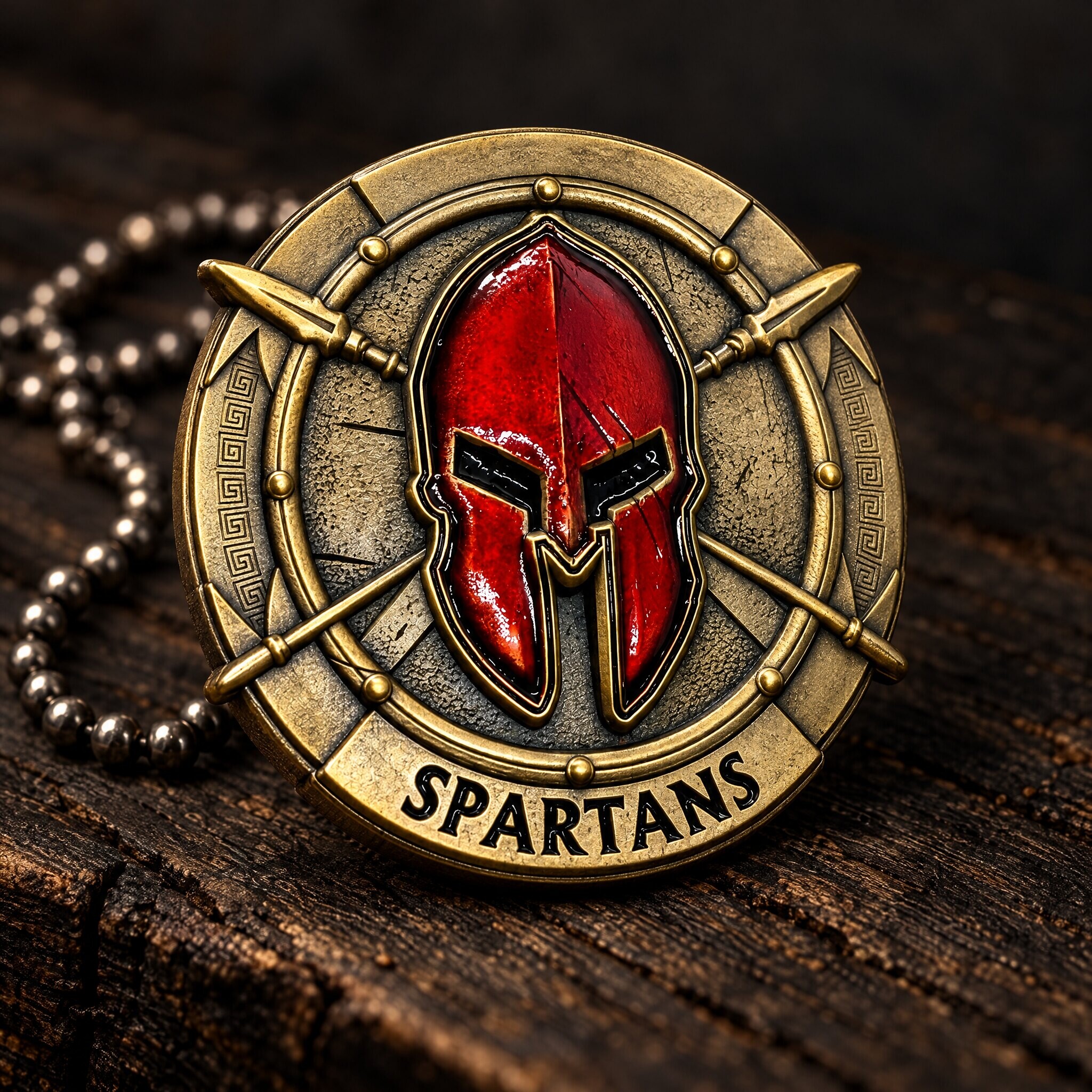 Spartan helmet challenge coin on dark wood