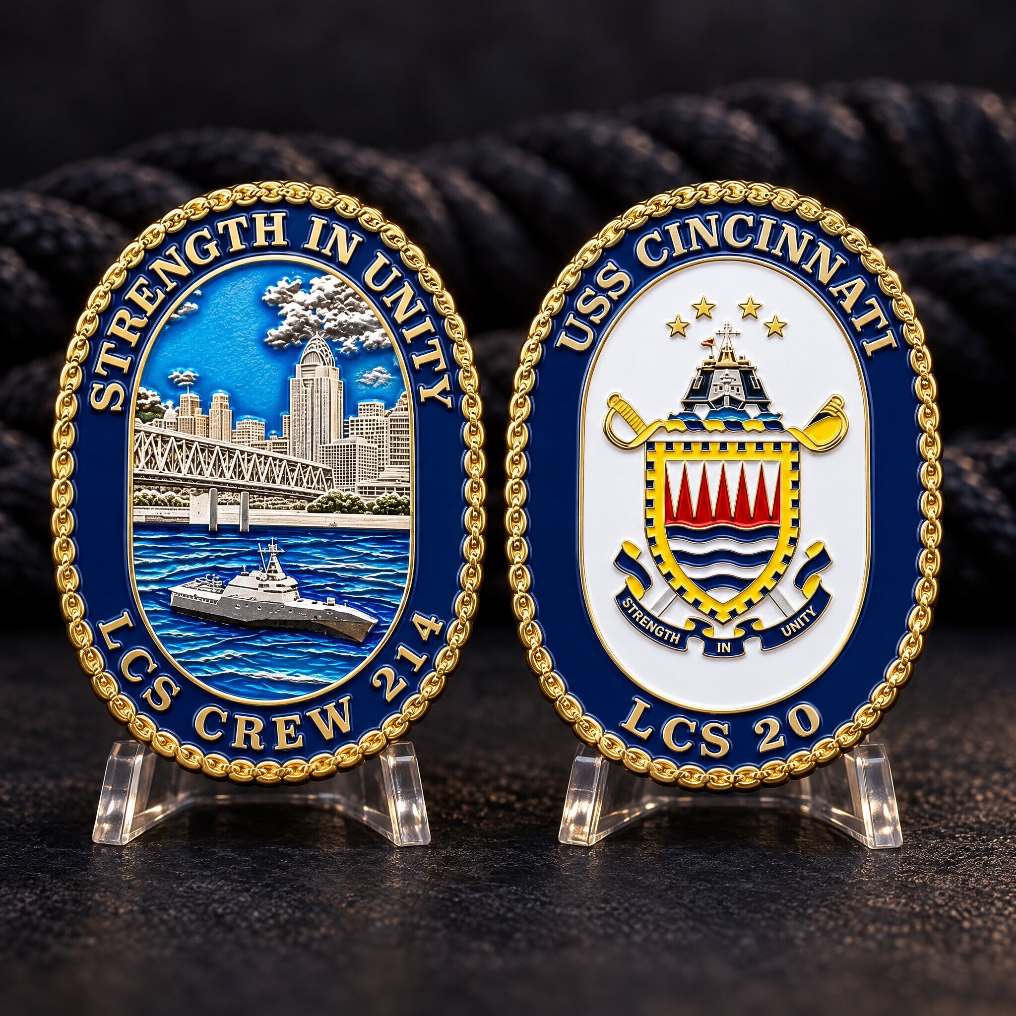 Two ship crew challenge coins on stands